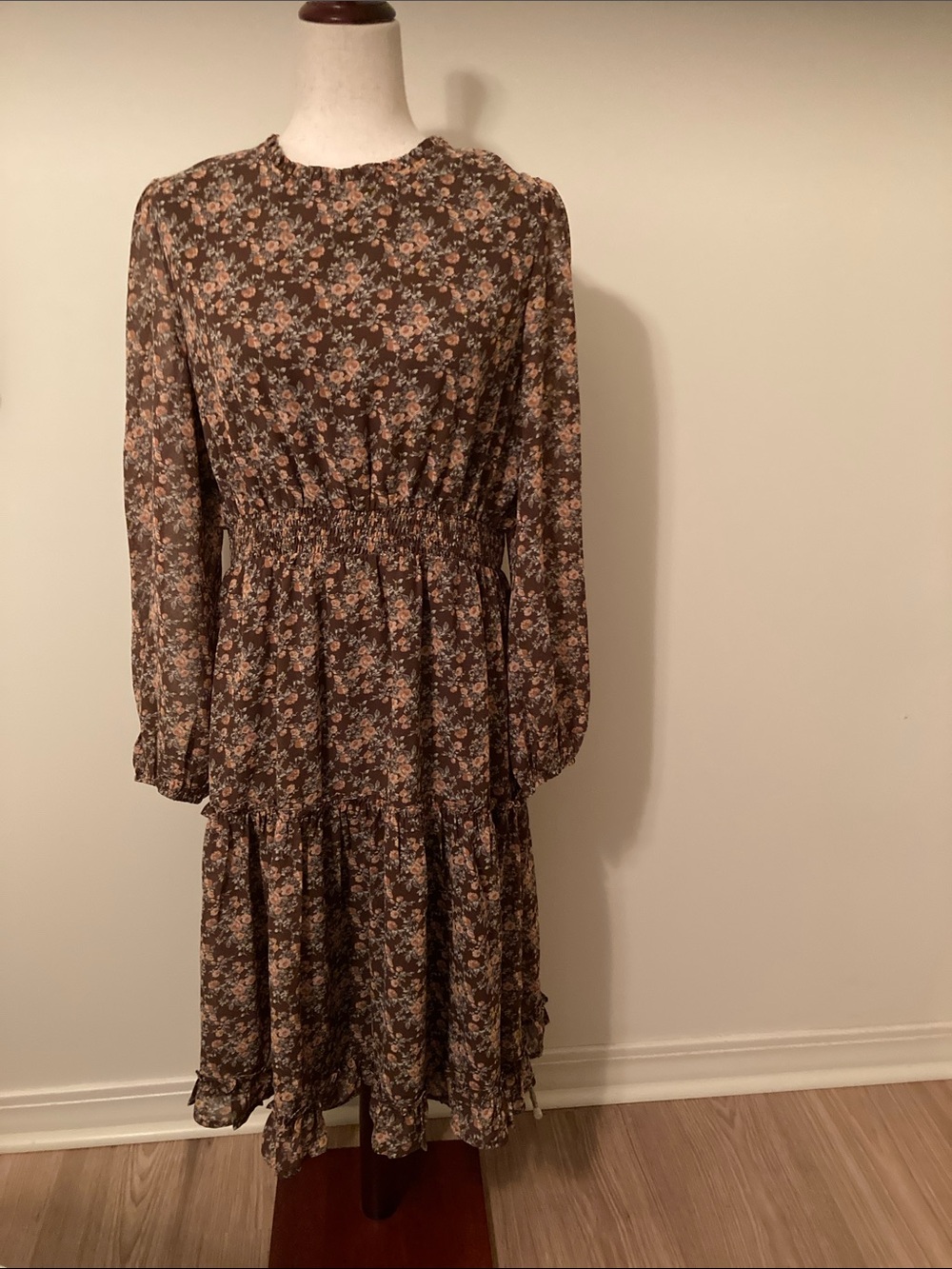Orange Creek Smocked Waist Brown Floral Long-Sleeve Dress
